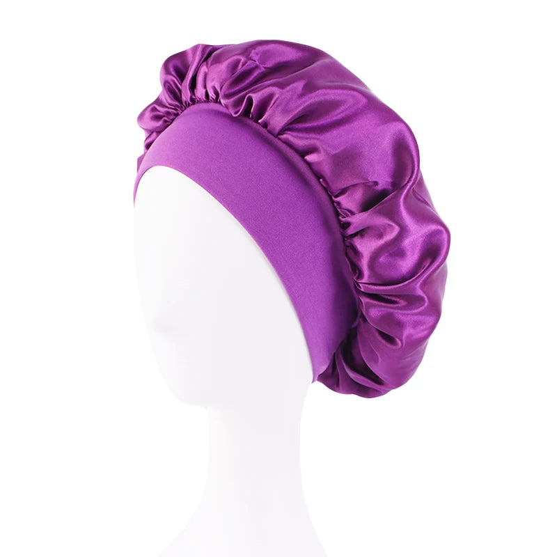 Women's Satin Solid Bonnets Wide-brimmed Night Sleeping Bathing Hat Unisex Head Wrap Elastic Band Cap Hair Care Bonnet - dark