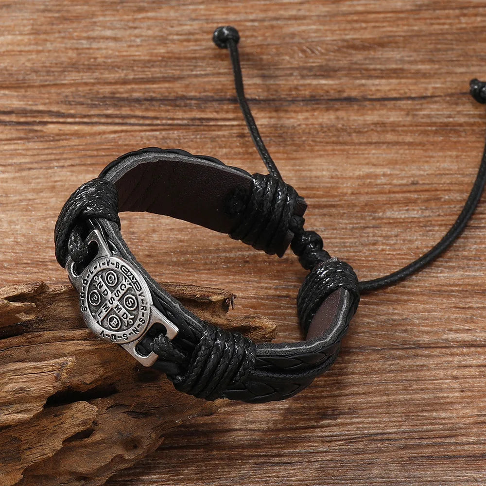 Vintage Handmade Braided Leather Bracelets For Men Myth Cross Scripture Retro Lace-Up Punk Style Leather Bracelet Accessory G