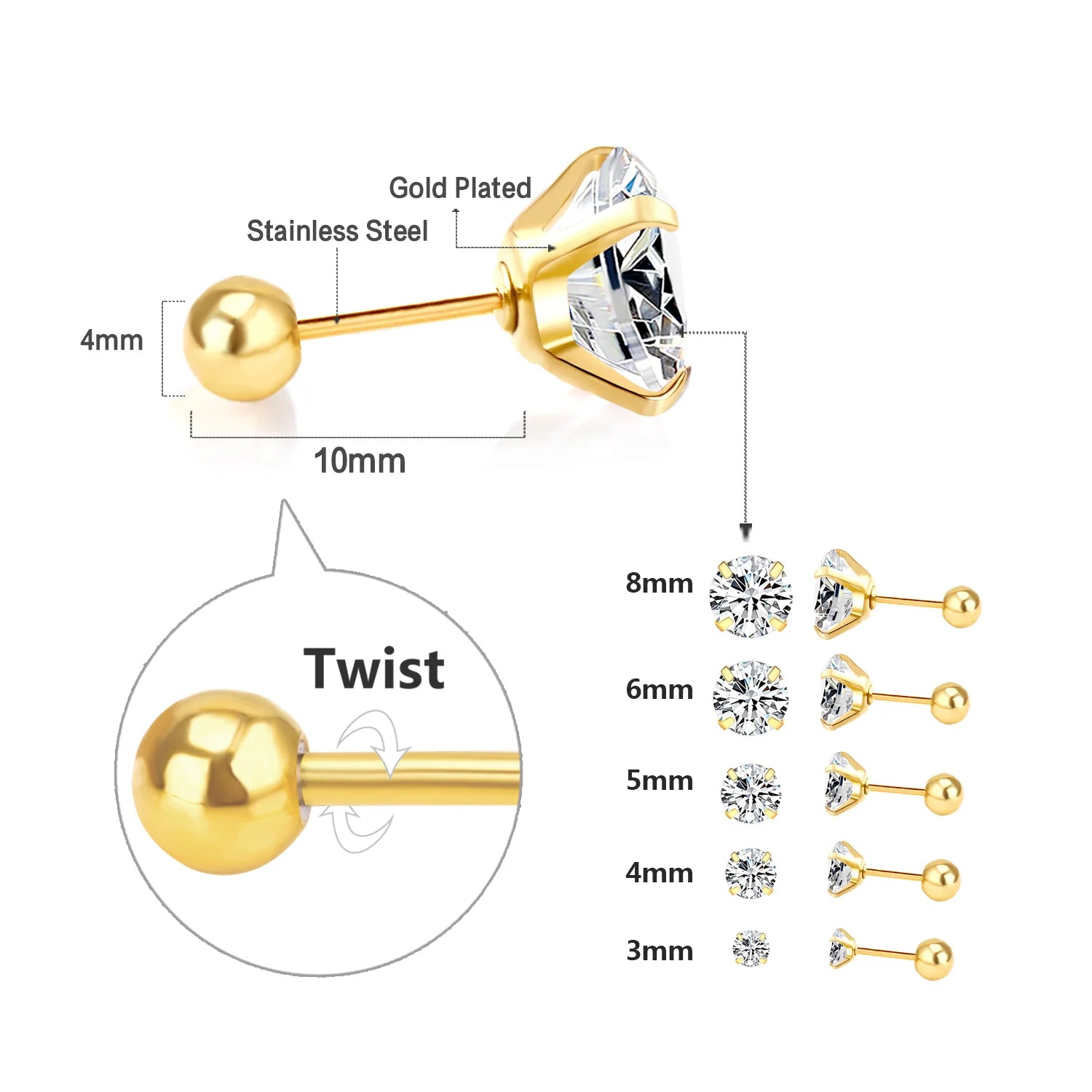 LUXUSTEEL 1Pairs/2Pcs Stainless Steel Crystal Studs Earrings For Women Men 4 Prong Tragus Round Clear Cubic Zirconia Ear Jewe
