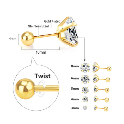 LUXUSTEEL 1Pairs/2Pcs Stainless Steel Crystal Studs Earrings For Women Men 4 Prong Tragus Round Clear Cubic Zirconia Ear Jewe