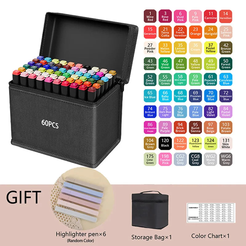 24-262 Colors Alcohol Drawing Markers Dual Tip Permanent Art Sketch Markers for Illustration School Supplied - 60PCS