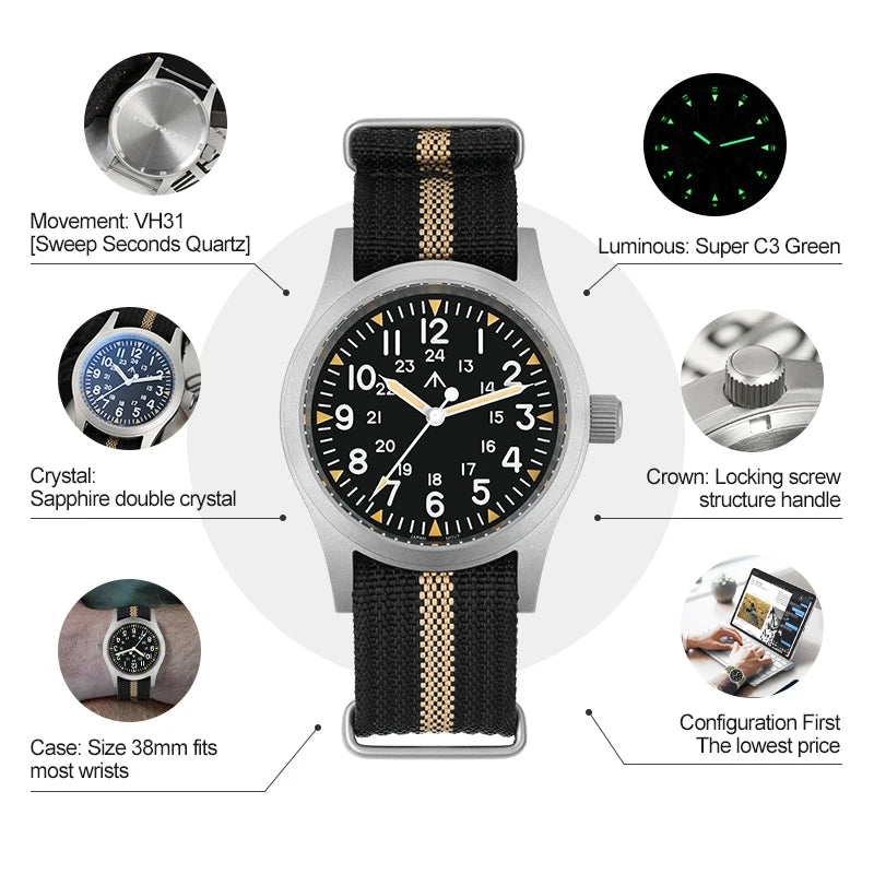Militado ML05 Vintage Watch VH31 Sweep Second Movement Domed Sapphire Crystal With High Clear AR Coating Luminous 38mm Watche