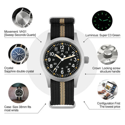 Militado ML05 Vintage Watch VH31 Sweep Second Movement Domed Sapphire Crystal With High Clear AR Coating Luminous 38mm Watche