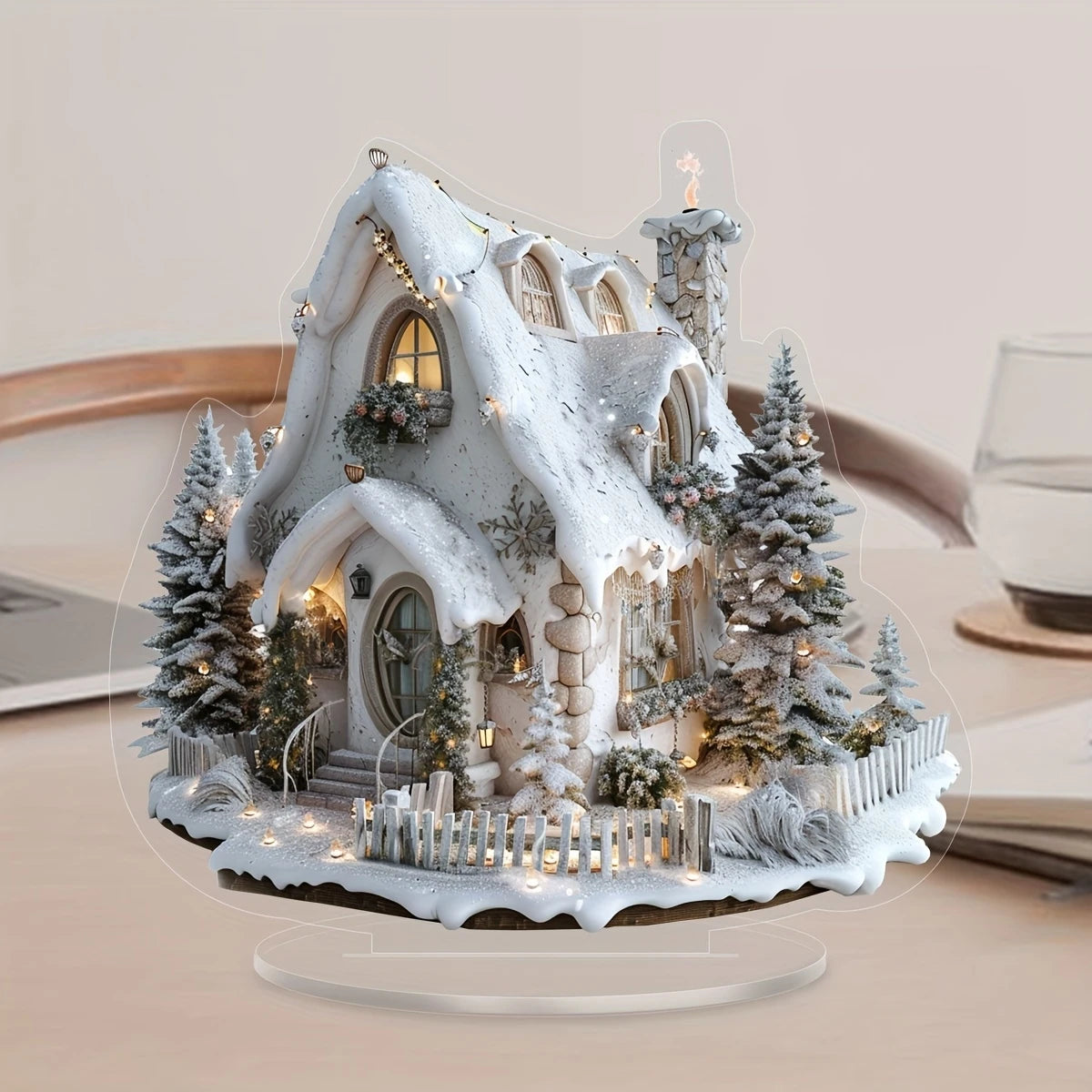 2D White Snow Scenery Christmas House Tree Acrylic Ornaments Base-Mounted Tabletop Home Office Attractive Festival Decor Gift