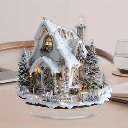 2D White Snow Scenery Christmas House Tree Acrylic Ornaments Base-Mounted Tabletop Home Office Attractive Festival Decor Gift