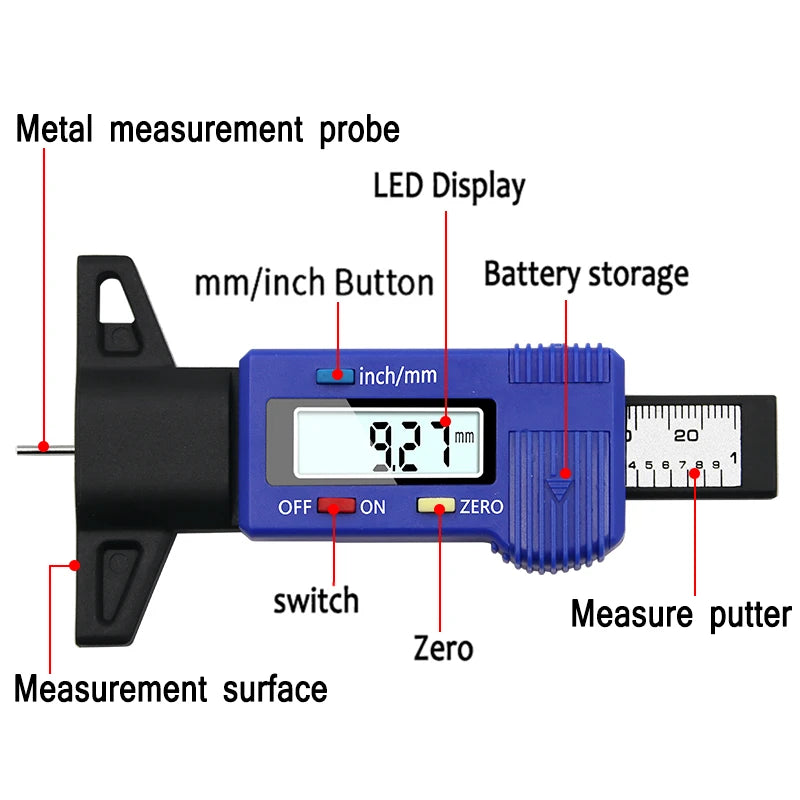 Digital Car Tyre Tire Tread Depth Gauge Meter Measurer Tool Caliper Thickness Gauges Tread Brake Pad Shoe Tire Monitoring Sys