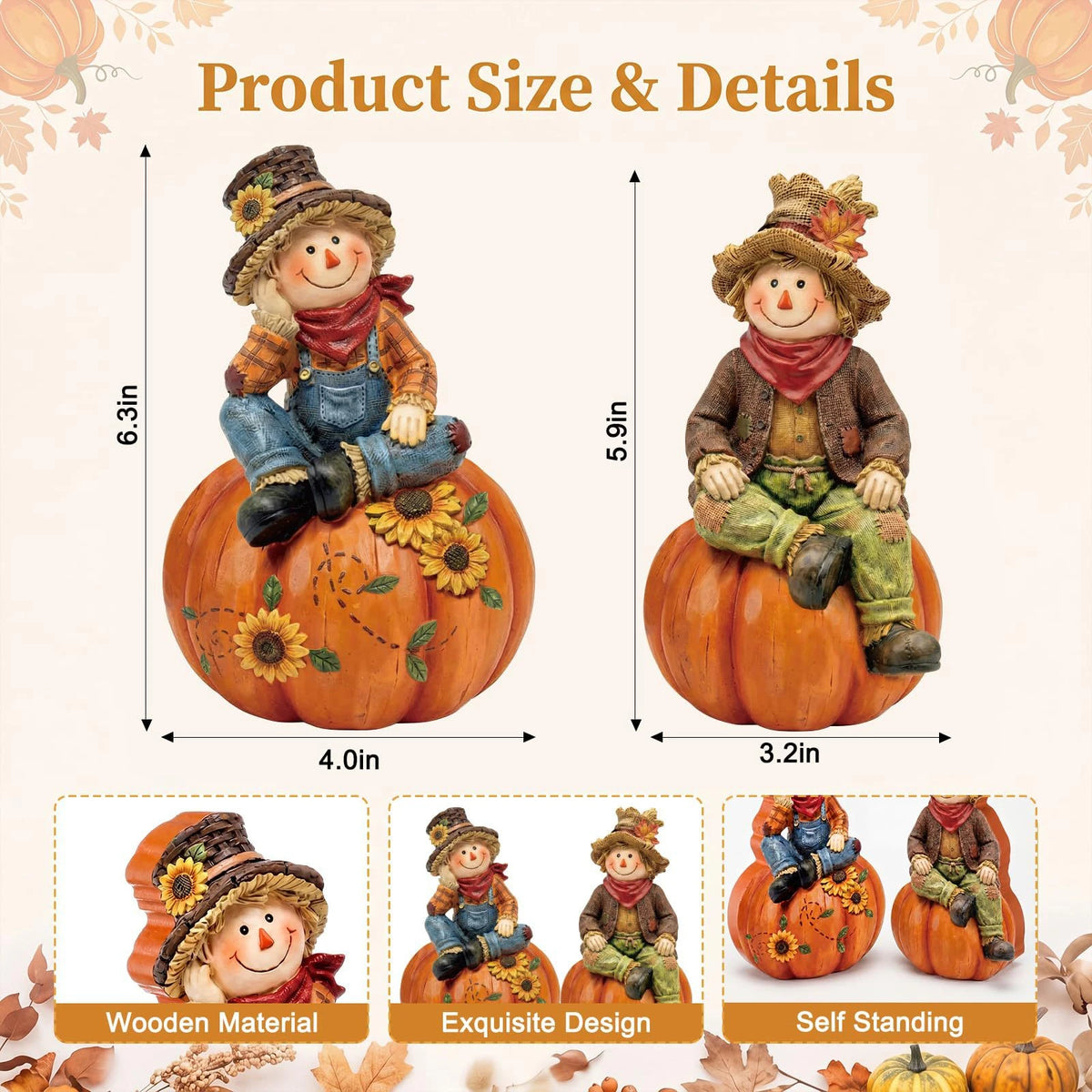 2-Piece/Set Autumn Scarecrow Wooden Ornaments, Wooden Thanksgiving Table Decorations, Vintage Autumn Standee Table Decoration