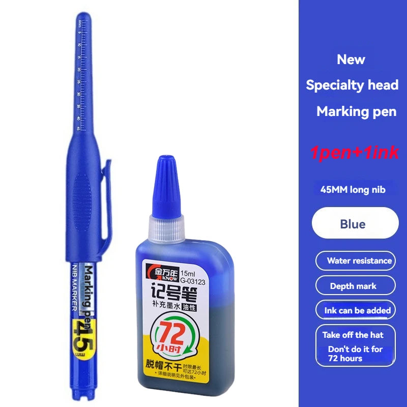 45mm Waterproof Deep Hole Marker Pens Long Nib Head Carpenter Pen White/Black/Blue Ink for Multi-Purpose Woodworking Hand Too