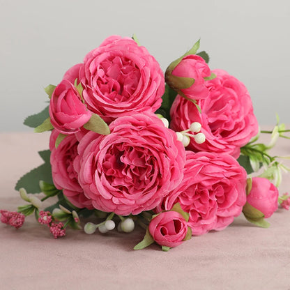 1pcs/30cm Rose Pink Silk Bouquet Peony Artificial Flower 5 Big Head 4 Small Bud Bride Wedding Home Decoration Artifi