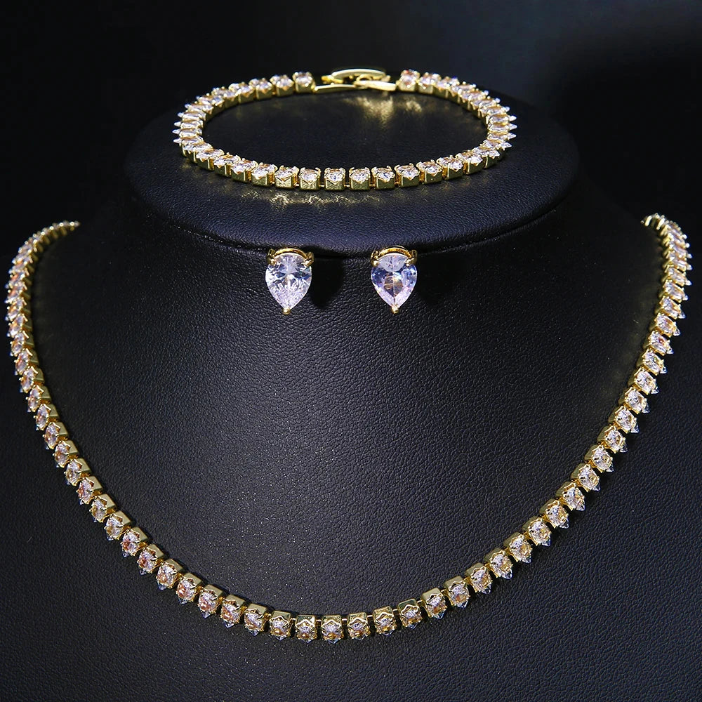 ZAKOL Gorgeous Buling AAA Clear Round Cubic Zirconia Wedding Bridal Necklace Earrings Party Jewelry Set for Women - Gold Colo