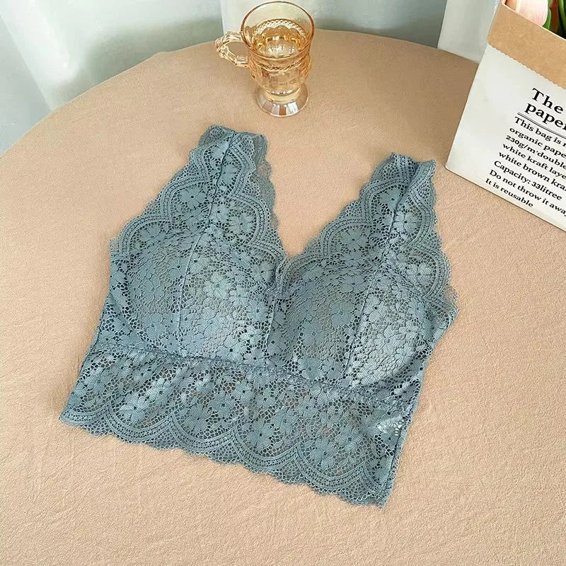 Lace Bras Top Women Deep V Neck Sexy Lingerie Wire Free Bra Tank Tops Female Underwear V Back Bralette Padded Camisole - Blue
