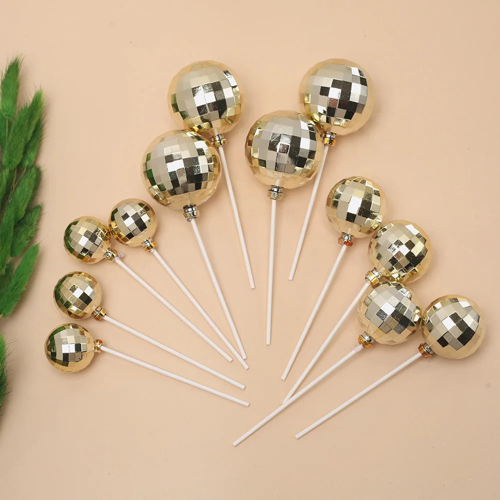 12pcs Silver Disco Ball Cake Topper 1970s Disco Theme Birthday Party Cake Decoration Cowboy Cowgirl Birthday Supplies