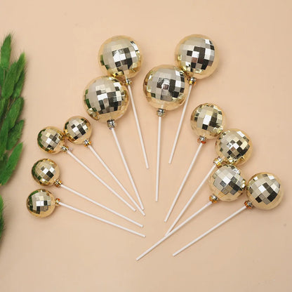 12pcs Silver Disco Ball Cake Topper 1970s Disco Theme Birthday Party Cake Decoration Cowboy Cowgirl Birthday Supplies