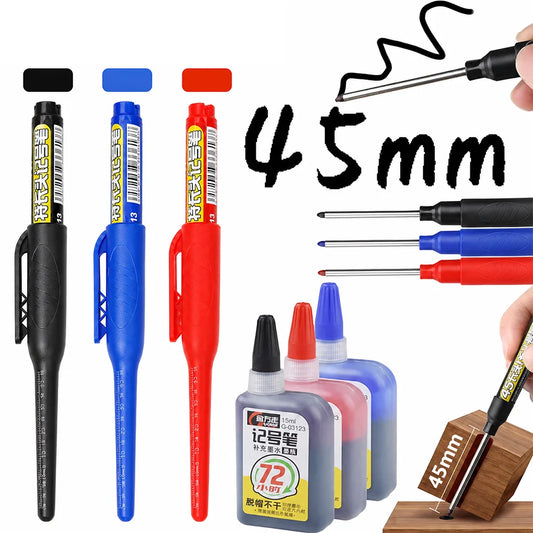 1-6Pcs 45mm Waterproof Long Head Nib Deep Hole Markers Pen Tile Carpenter Pen Multi-purpose for Woodworking Black/Blue/Red In