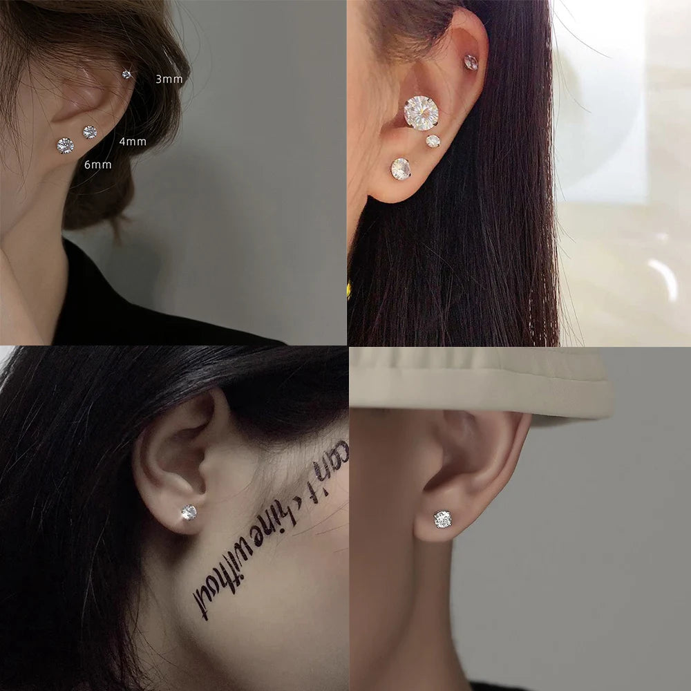 LUXUSTEEL 1Pairs/2Pcs Stainless Steel Crystal Studs Earrings For Women Men 4 Prong Tragus Round Clear Cubic Zirconia Ear Jewe
