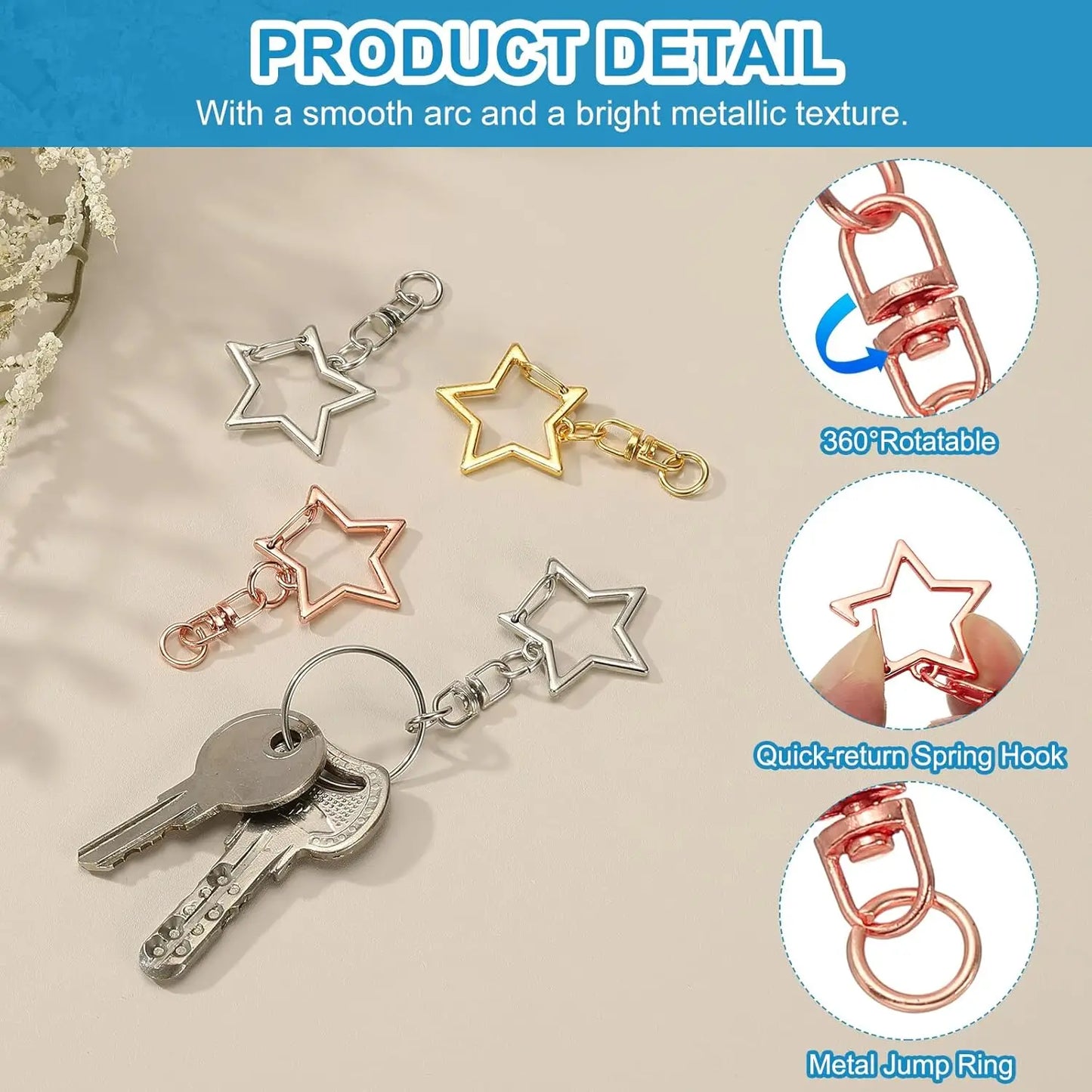 5/15/25/50 Sets Star Shaped Snap Keychain Lobster Claw Clasp with Hanging Buckle Jump Ring for DIY Crafts Jewelry Accessory G