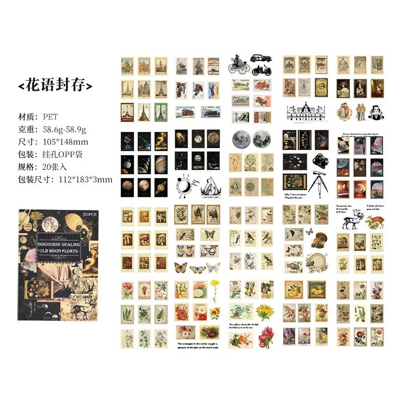 20 Sheets Vintage Scrapbooking Stickers Books PET Materials Creative DIY Journal Collage Material Journaling Supplies Sticker