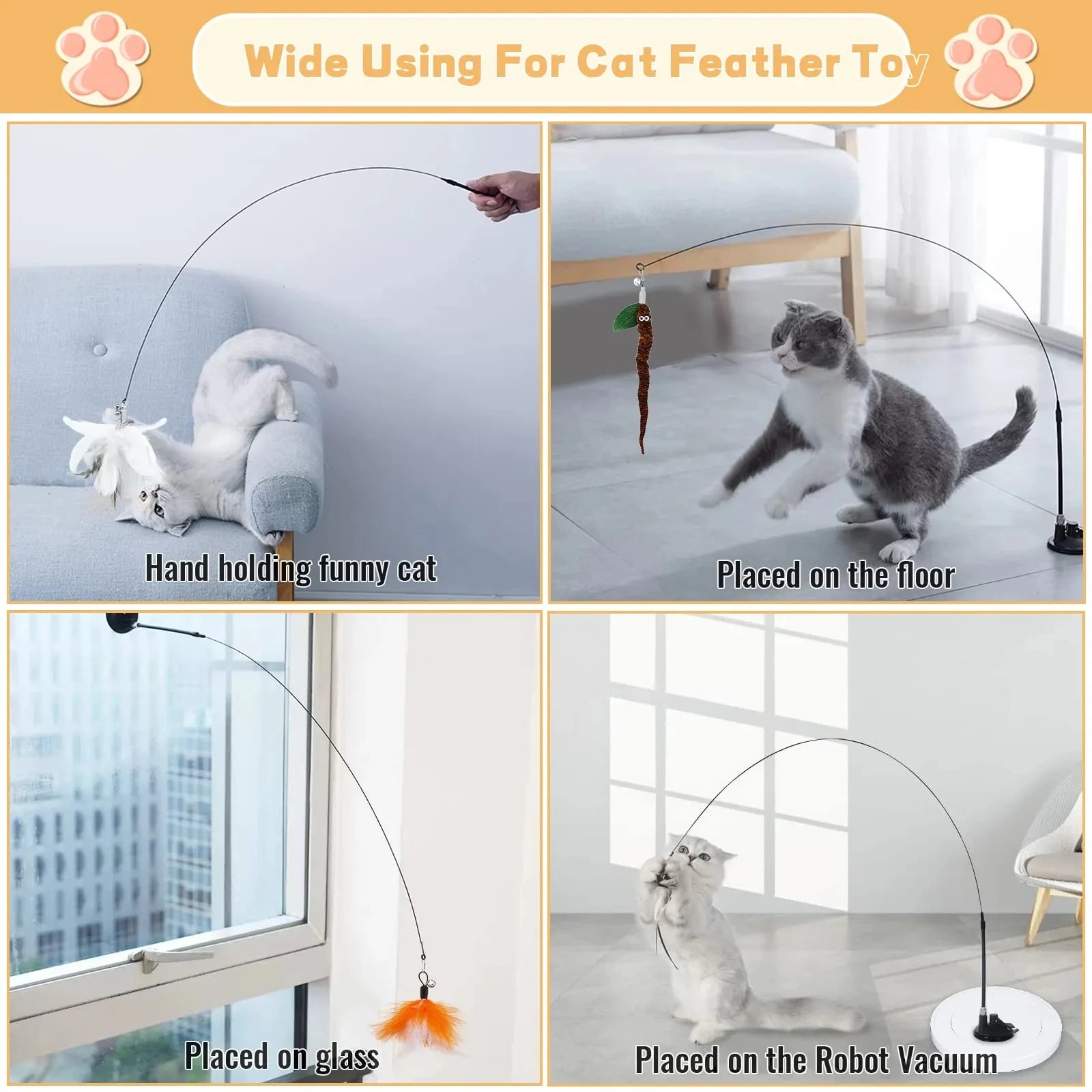 Cats Toys Feathers Wand Interactive Toy Kitten Toys with Super Suction Cup Detachable 2 PCS Feather Replacements Cat Accesori