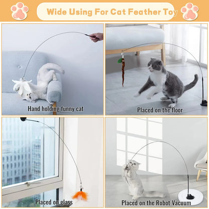 Cats Toys Feathers Wand Interactive Toy Kitten Toys with Super Suction Cup Detachable 2 PCS Feather Replacements Cat Accesori