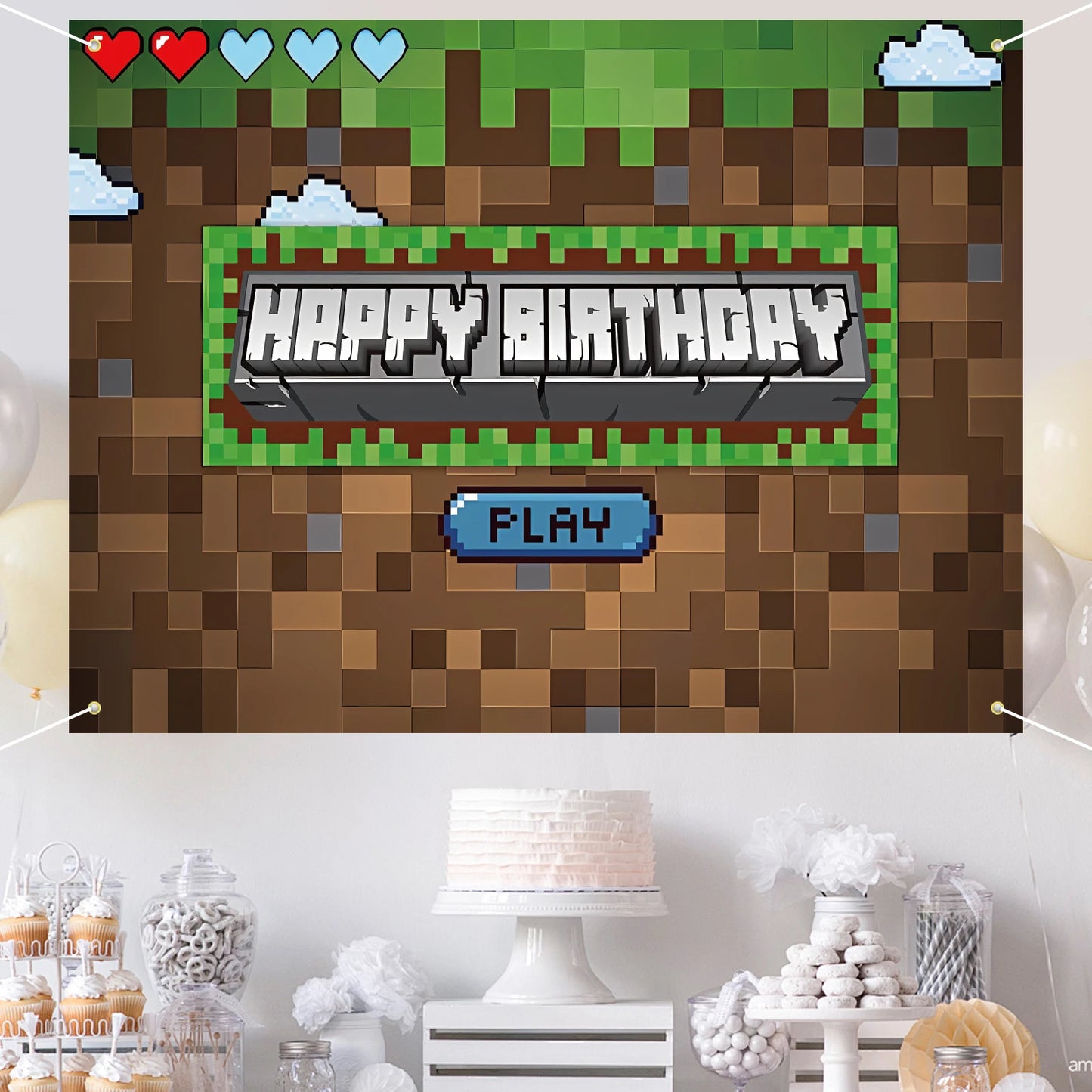 Pixel Backdrop for Happy Birthday Video Game Themed Party Photography Background Mining Party Supplies Pixel Party Decoration