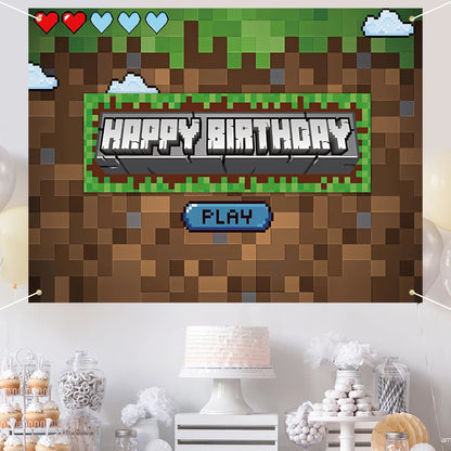 Pixel Backdrop for Happy Birthday Video Game Themed Party Photography Background Mining Party Supplies Pixel Party Decoration