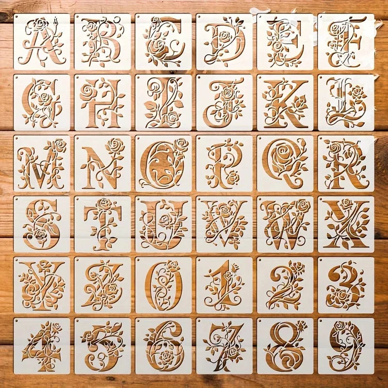 36 Floral Letter Templates Reusable Rose Letter Painting Template Hollowed-Out Graffiti Template Inkjet Printing Mold For Wal