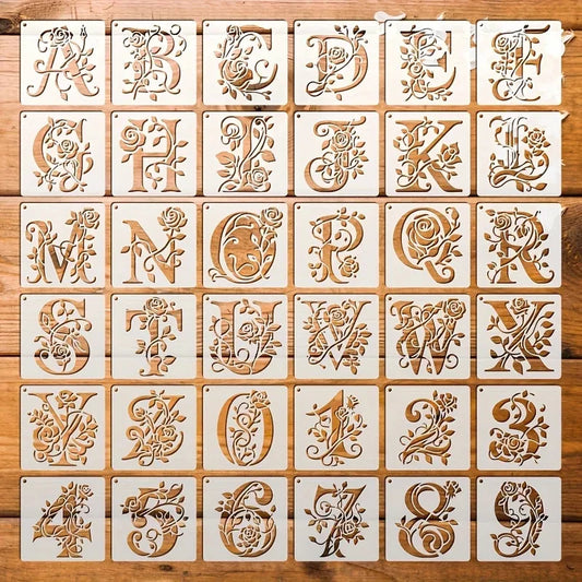 36 Floral Letter Templates Reusable Rose Letter Painting Template Hollowed-Out Graffiti Template Inkjet Printing Mold For Wal