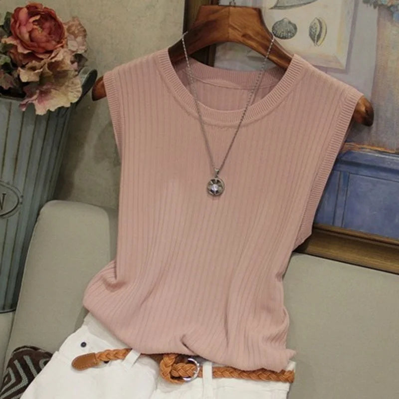 2026 Summer New Fashion Knitted Vests O-neck Sleeveless Casual Thin Tops Sleeveless Blouse Women Shirt - Pink