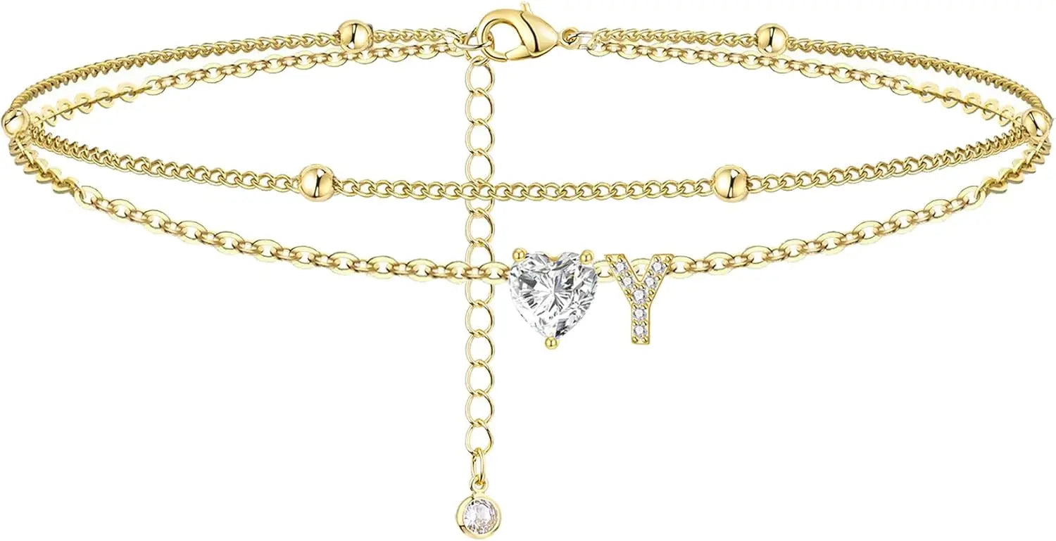 Ankle Bracelets for Women Waterproof 14K Gold Plated CZ Initial Dainty Layered Heart Anklets Foot Chain Summer Beach Jewelry 