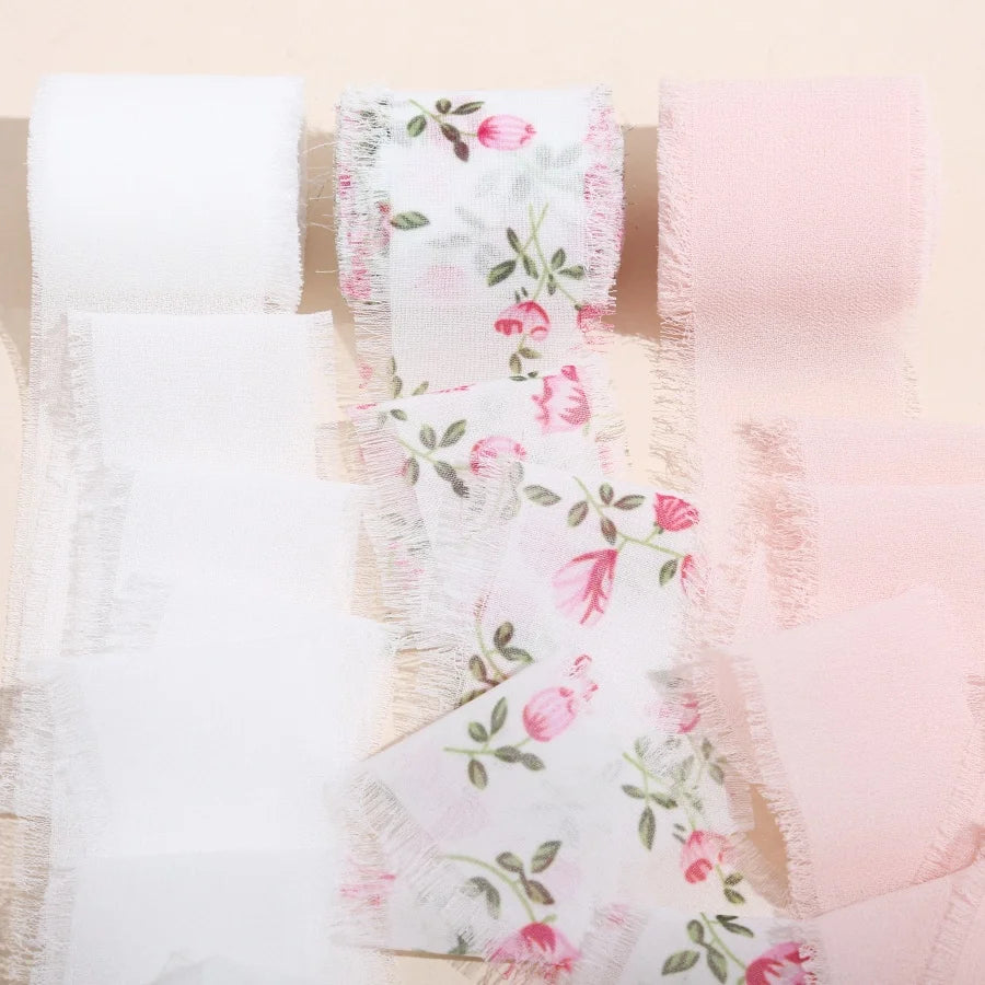3 Roll/set 5m Frayed Edged Satin Handmade Chiffon Silk Ribbon For Wedding Invitation Bouquets Birthday Party DIY Decoration G