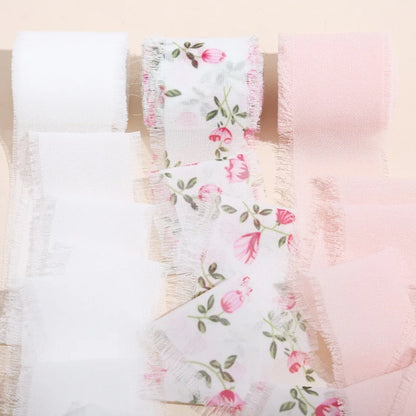 3 Roll/set 5m Frayed Edged Satin Handmade Chiffon Silk Ribbon For Wedding Invitation Bouquets Birthday Party DIY Decoration G