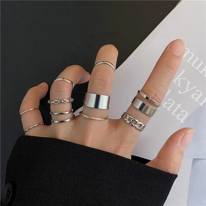 Punk Simple Rings Set Silver Color Geometric Hollw Wide Ring Set Women's Vintage Joint Hiphop Finger Rings Jewelry
