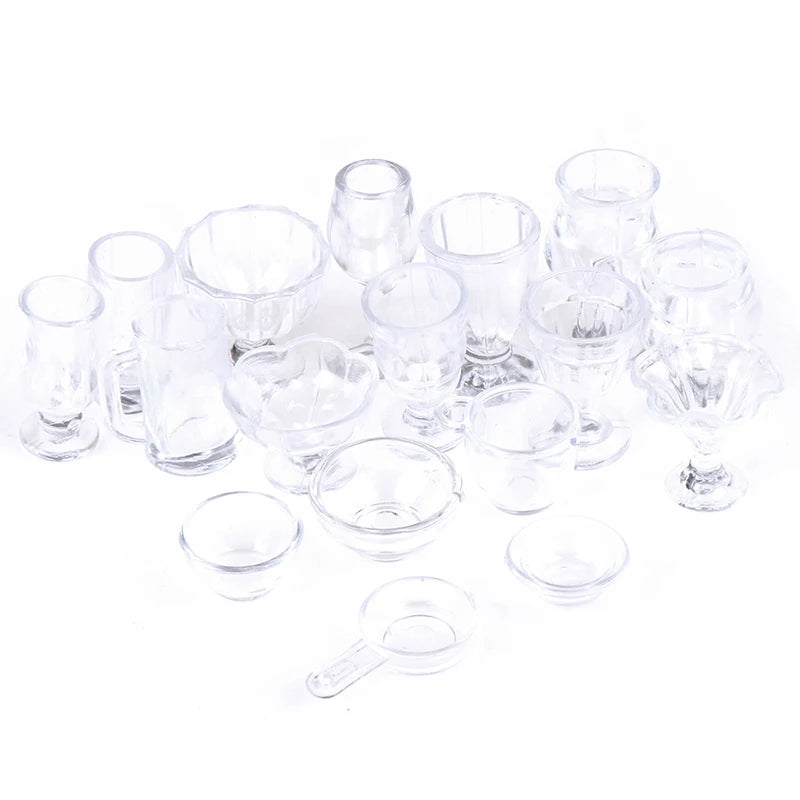 17Pcs/Set Mini Transparent Kitchenware Toy Drink Cups Dish Plate Tableware Miniatures DIY Pretend Play - WHITE