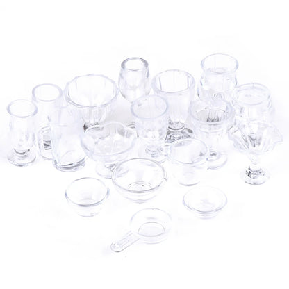 17Pcs/Set Mini Transparent Kitchenware Toy Drink Cups Dish Plate Tableware Miniatures DIY Pretend Play - WHITE