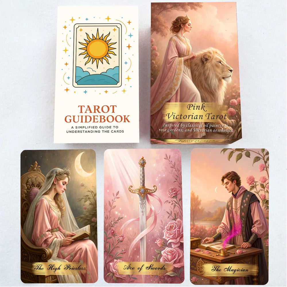 Pink Victorian Tarot Cards Set, 78 Pieces, 13x8 Cm, Romantic & Elegant Design, Includes Paper Instructions, Perfect for Begin