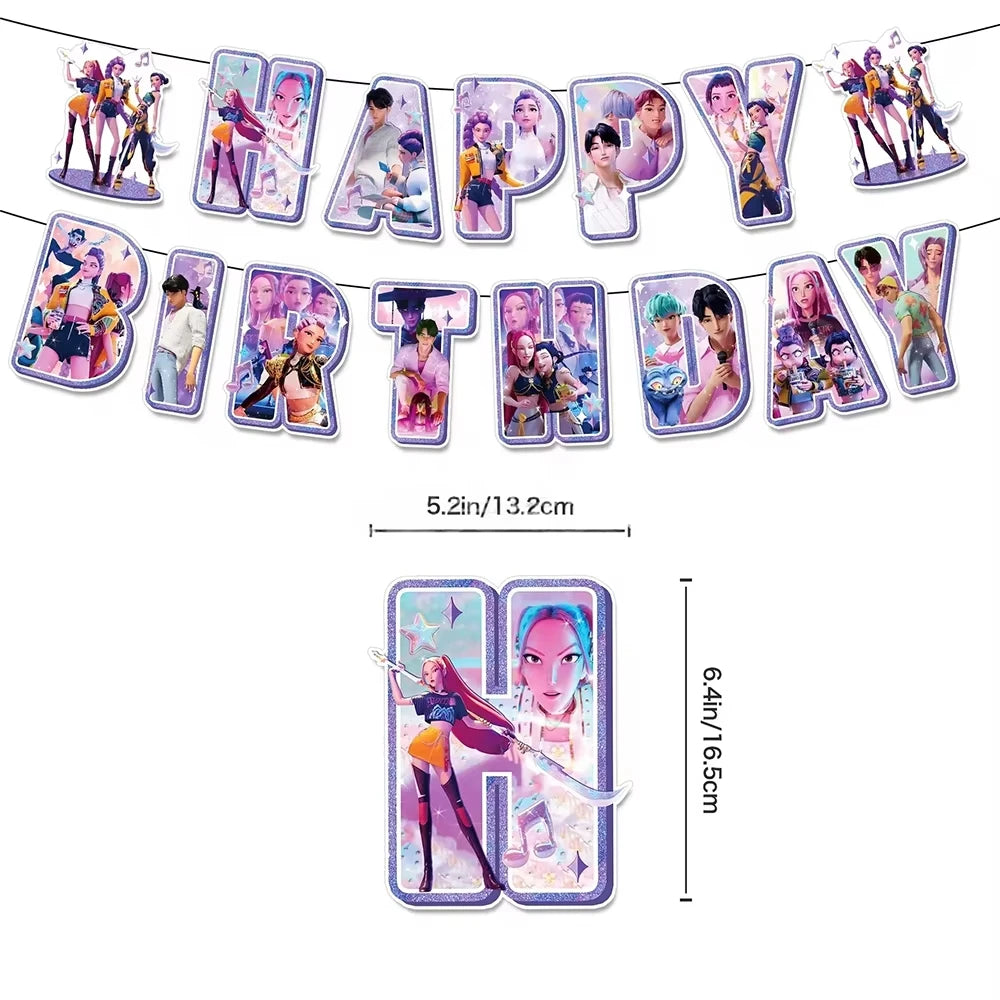 K-Pop Theme Disposable Tableware Set for Kids Birthday Baby Shower Party - Paper Plates Cups And Tablecloth with Birthday Ban