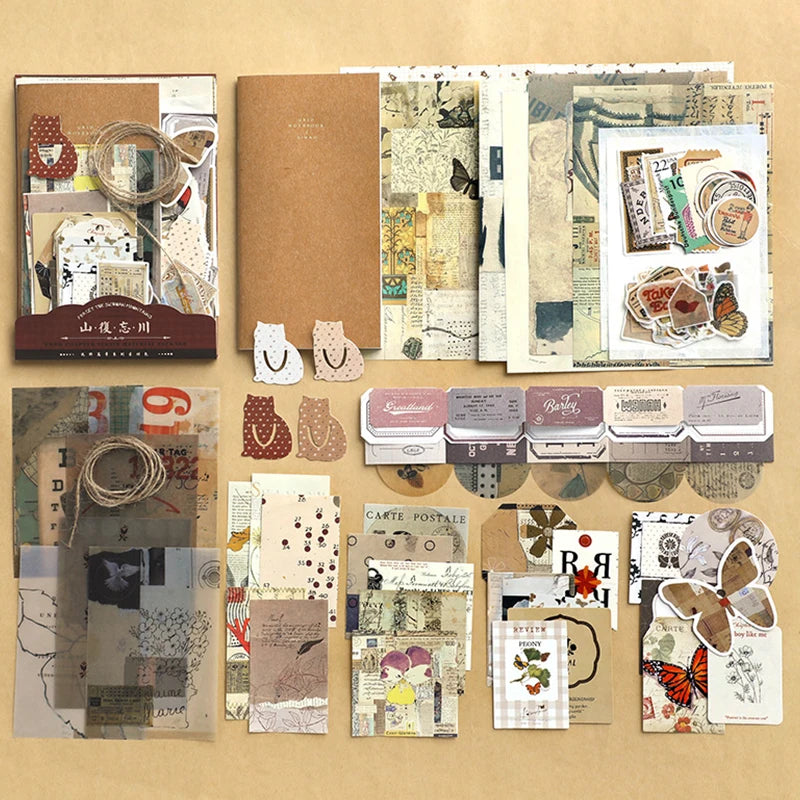 Retro scrapbook supplies, aesthetic diary tool kit, material paper set, simple Instagram style background, handmade DIY mater