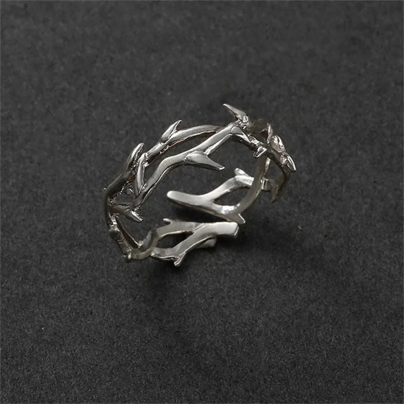 Vintage Ins Style Adherence Men's and Women's Rings with Branches, Thorns, Couples' Ring Gifts, Fashion and Personality - Sil
