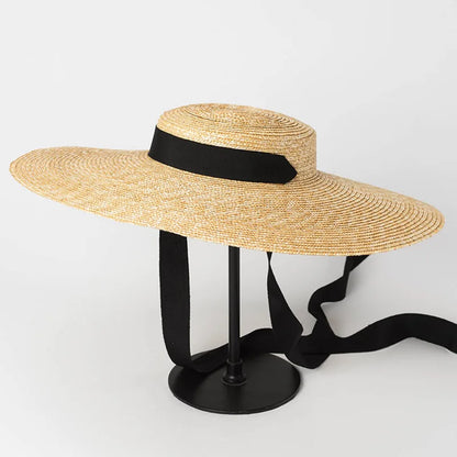 Wide Brim Boater Hat 10cm 15cm Brim Straw Hat Flat Women Summer Kentucky Derby Hat White Black Ribbon Tie Sun Hat Beach Cap -