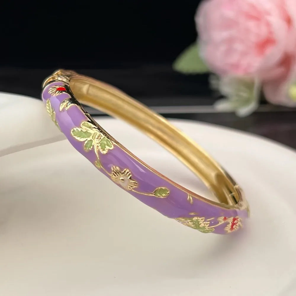 Enamel Chinese Cloisonne Bracelet Double Bangle Traditional Peony Filigree Flower Bangle Ethnic Vintage Women's Hand Bracelet