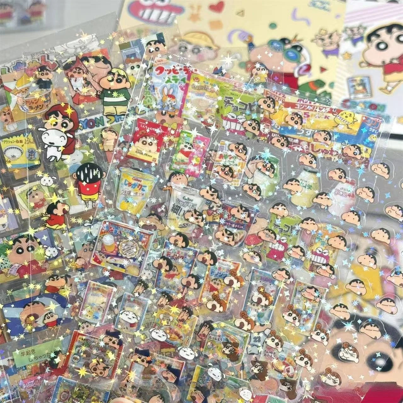 5PCS Crayon Shin Chan Double Transparent Cut Membrane Sticker DIY High-value Hand Account Decoration Laser Transparent Sticke