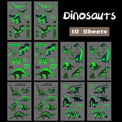 10 Sheets Luminous Dinosaur Temporary Tattoos, Waterproof Glow In The Dark T-Rex Pterosaur Velociraptor Triceratops Stegosaur