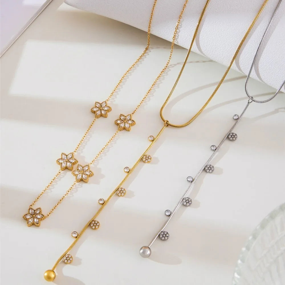 Lariat Y Necklace Matching Bracelet In Stainless Steel 18k Gold Plated With Zircon Flower Chain Necklaces Bracelets For Women