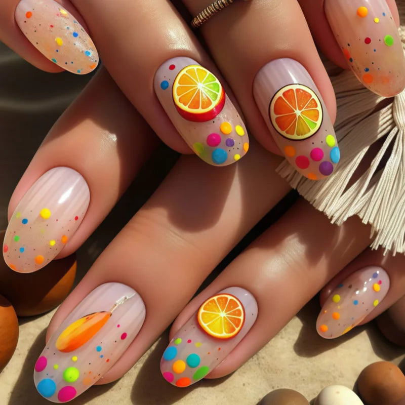 24Pcs Short Round Almond Lovely False Nails Full Cover Fresh Cartoon Fruit Pattern Designs Wearing Nails Art French Summer Na