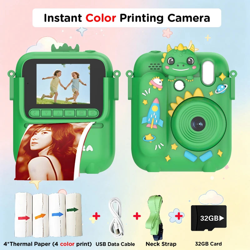 Color Printing Camera Kids Instant Camera 32GB 1080P Thermal Print Digital Camera Print Photo Video Games Music Children Gift