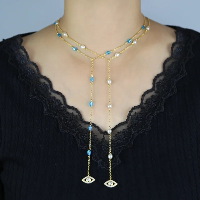 Long Y Lariat Chain for Women Blue Bead Charm Cute Lovely Eye Pendant Sexy Women Y Lariat Necklace
