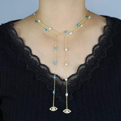 Long Y Lariat Chain for Women Blue Bead Charm Cute Lovely Eye Pendant Sexy Women Y Lariat Necklace