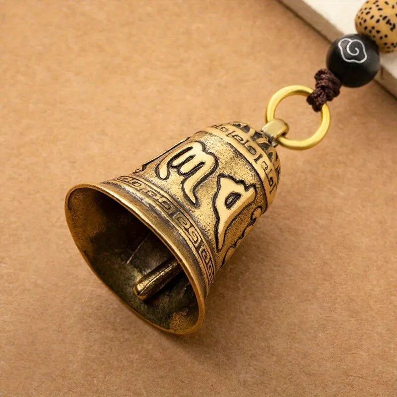 1pc Vintage Brass Tibetan Buddhism Six-word Mantra Bell Keychains Lanyard Pendants Handmade Rope Car Key Chain Rings Hanging