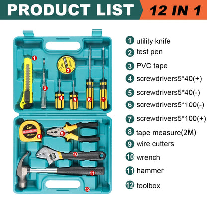 8/9/12/13Piece Tools Set General House hold Hand Tool Kit with Plastic Toolbox Storage Case Used to Car repair And home Repai