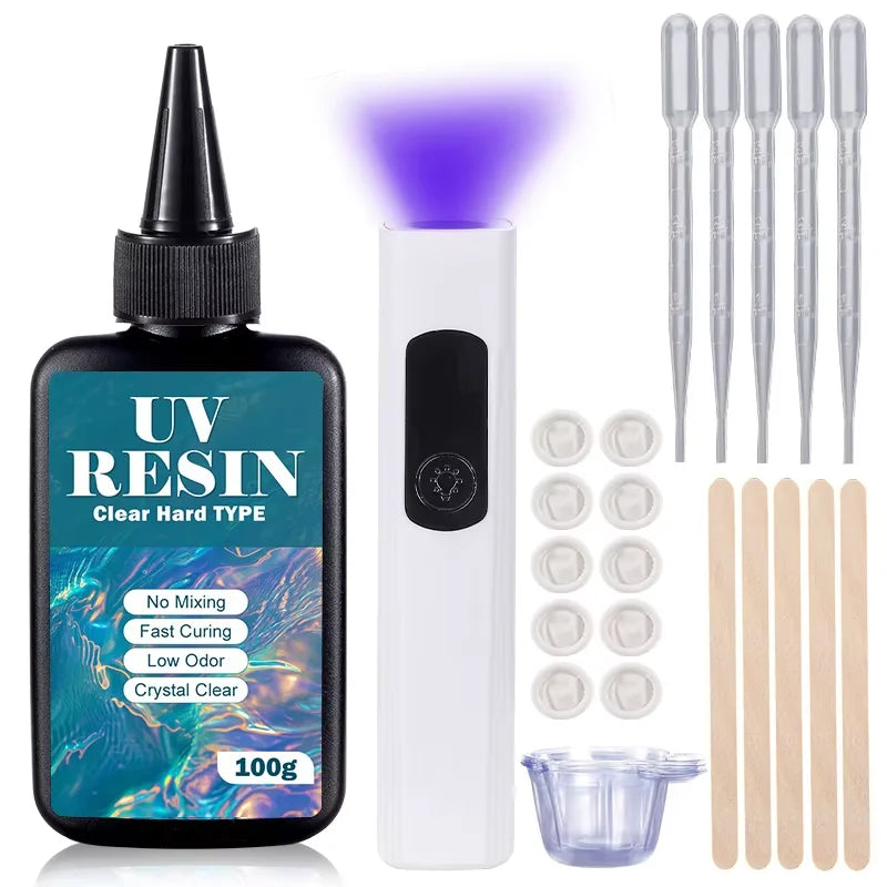 UV Resin Kit with Light Upgraded Hard Type Crystal Clear Ultraviolet Curing UV Resin for Craft DIY Jewelry Making Molds Casti